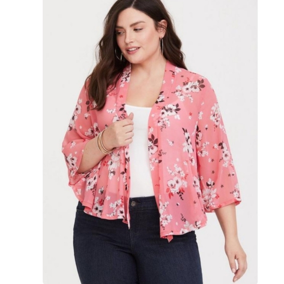 Torrid chiffon floral kimono size 3/4 pink cherry blossom print - Picture 13 of 14